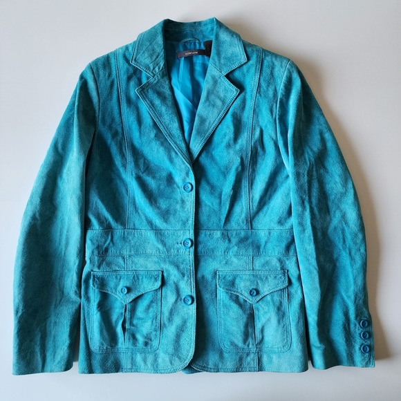 LIZ CLAIBORNE Genuine Leather Jacket Womens Small Turquoise Suede Preppy Happy - Picture 1 of 15
